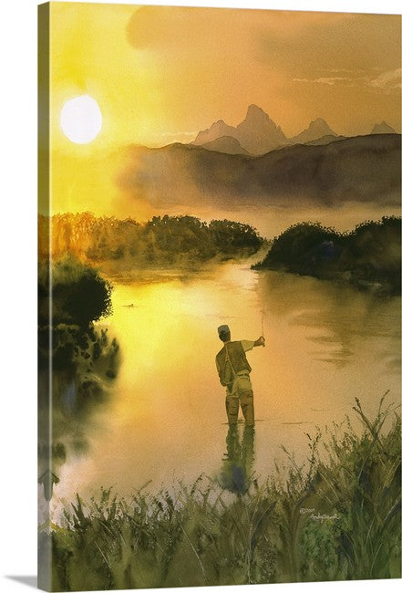 "Morning Cast" Sunrise in the Tetons, flyfisherman, Giclée reprod. from watercolor.