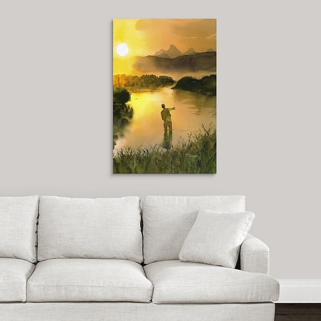 "Morning Cast" Sunrise in the Tetons, flyfisherman, Giclée reprod. from watercolor.