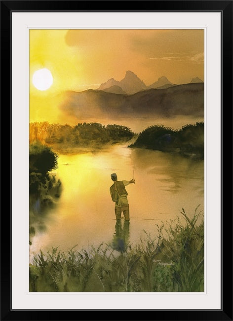 "Morning Cast" Sunrise in the Tetons, flyfisherman, Giclée reprod. from watercolor.