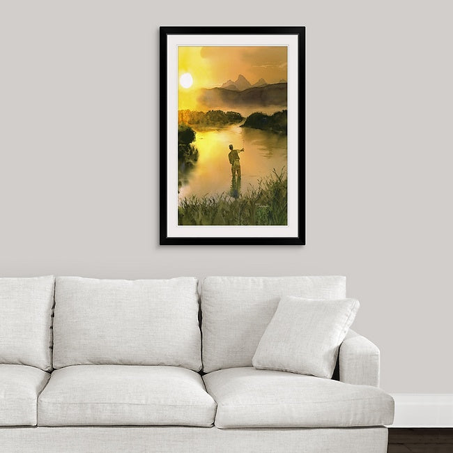 "Morning Cast" Sunrise in the Tetons, flyfisherman, Giclée reprod. from watercolor.