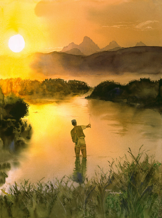 "Morning Cast" Sunrise in the Tetons, flyfisherman, Giclée reprod. from watercolor.