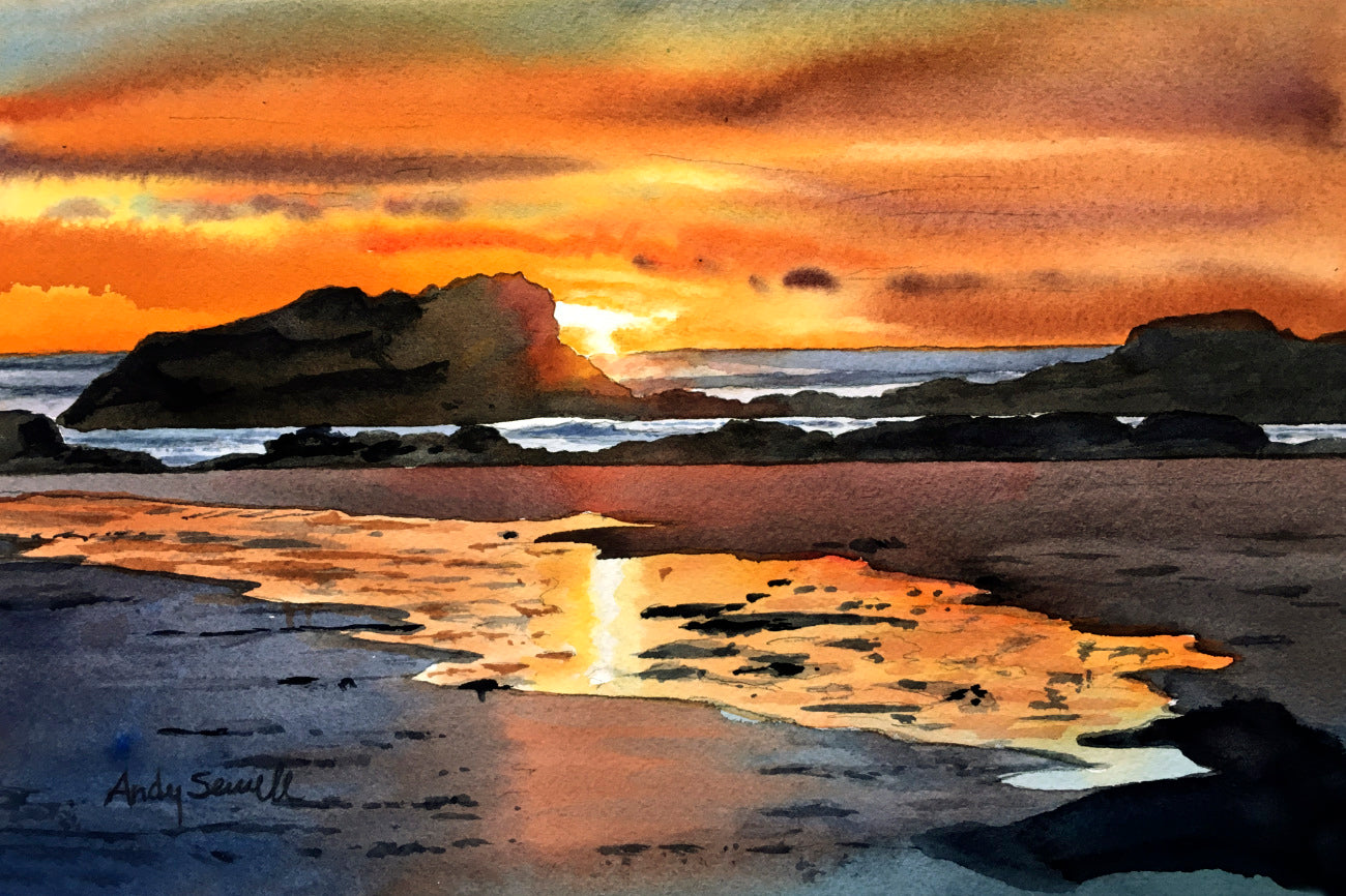 "Coastal Sunset Glow" - an Original watercolor, or signed edition Giclee reprod. of an evening sunset on the NW coast