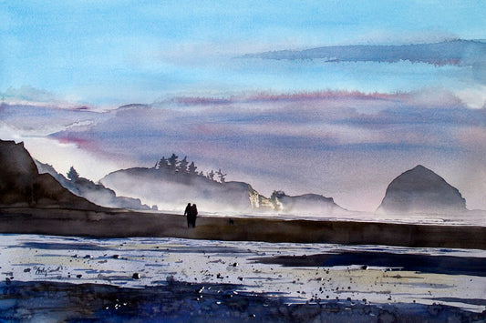 "Coastal Evening Stroll" - a ltd. edition Giclee reprod. from a watercolor portraying an evening walk on the NW coast