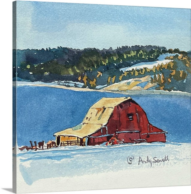 "Red Barn Blue Snow" - 6"x6" Original watercolor or signed edition giclee art print from an original watercolor