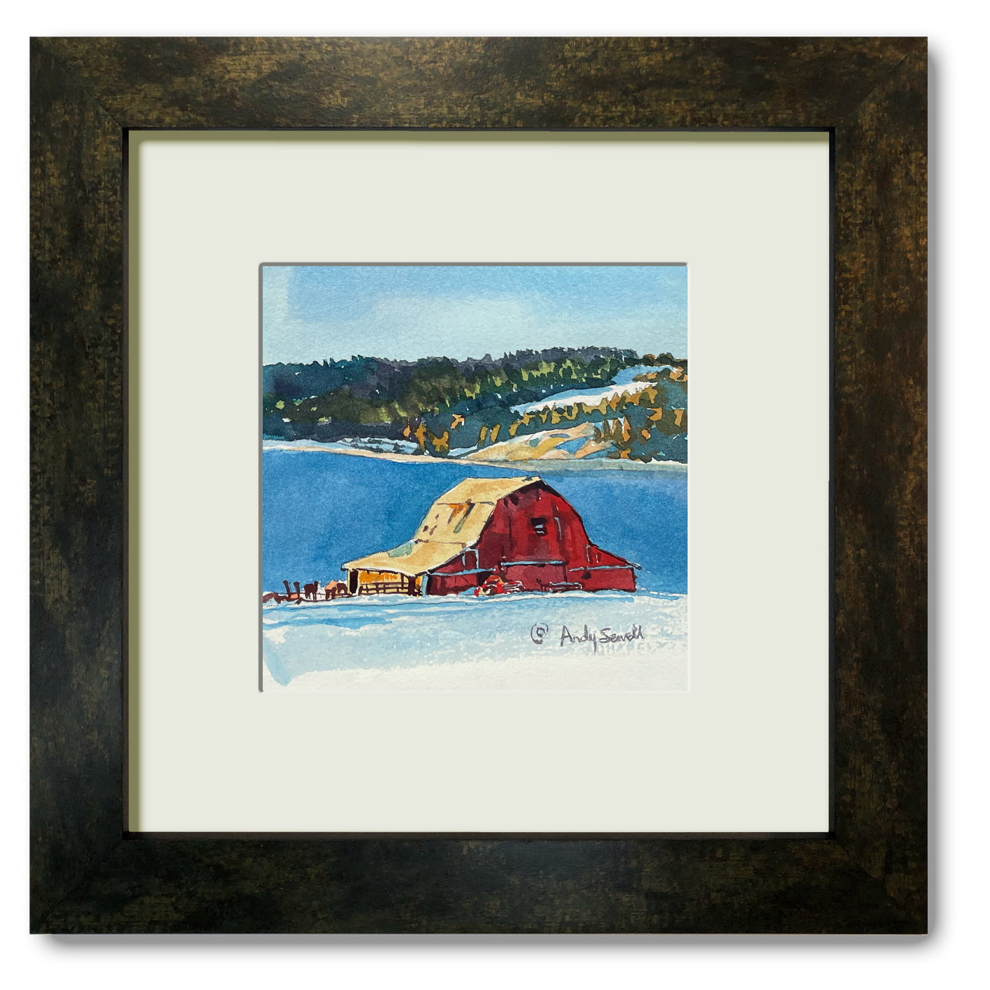 "Red Barn Blue Snow" - 6"x6" Original watercolor or signed edition giclee art print from an original watercolor