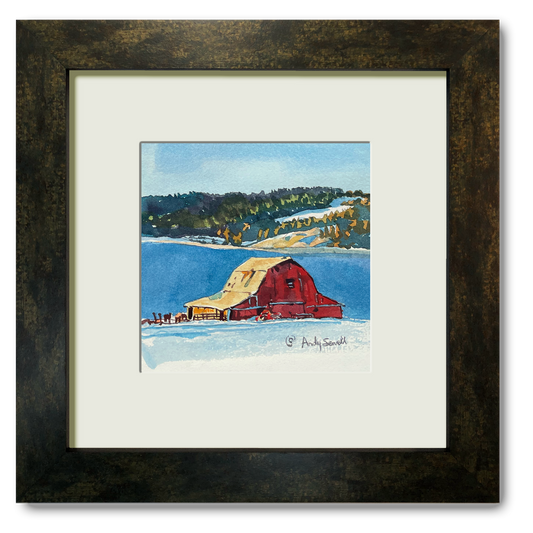 "Red Barn Blue Snow" - 6"x6" Original watercolor or signed edition giclee art print from an original watercolor