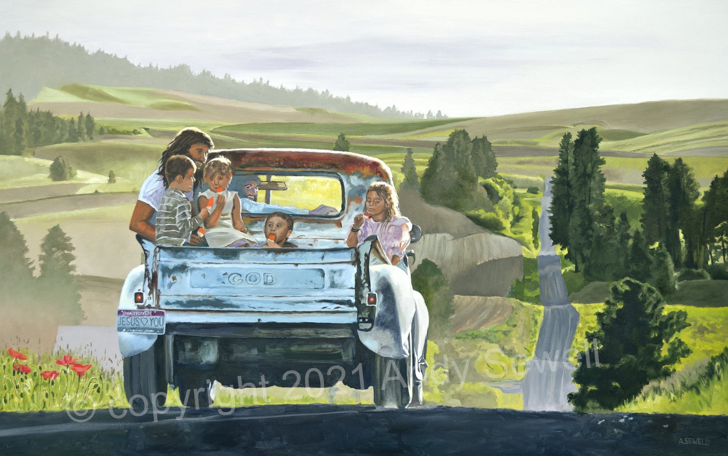"Riding with Jesus" - 6x8" art tiles of Jesus with the kids.