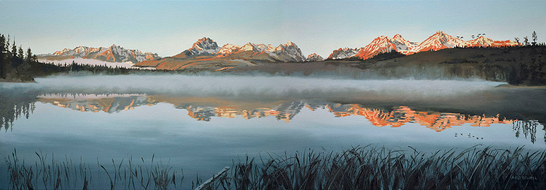 "Sawtooth Morning Mist" - Canvas or Paper Giclée art print from oil painting of Idaho's Sawtooth Mountains over Little Redfish lake.