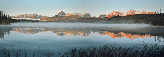 "Sawtooth Morning Mist" - Canvas or Paper Giclée art print from oil painting of Idaho's Sawtooth Mountains over Little Redfish lake.