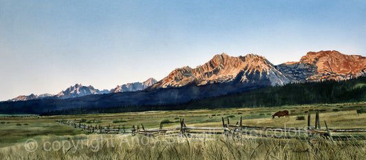 "Sawtooth Sunrise" - 25"x54" watercolor - Canvas or art paper Giclée art prints