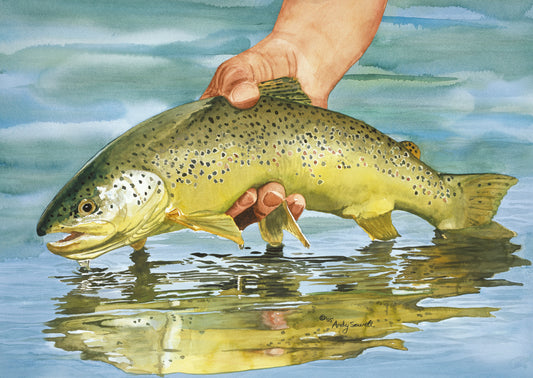 "Slippery When Wet" Brown Trout Art Print - a ltd. ed. s/n Giclee brown trout art print from a watercolor