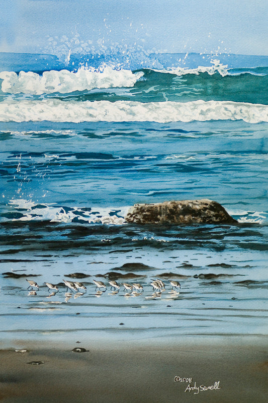 "Beach Buddies" - a signed edition Giclee reprod. from a watercolor portraying waves & sandpipers on the NW coast