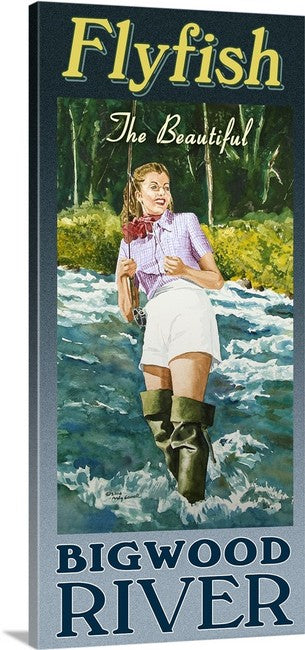 Vintage Look Fly Fishing pin-up "Fish the Bigwood" art print from Original watercolor