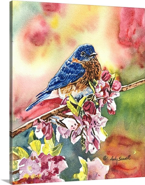 "Bluebird in the Blossoms" - Original watercolor painting, or paper or canvas Giclée art print of a Western Bluebird in the blossoms.