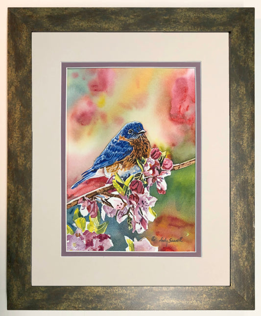 "Bluebird in the Blossoms" - Original watercolor painting, or paper or canvas Giclée art print of a Western Bluebird in the blossoms.