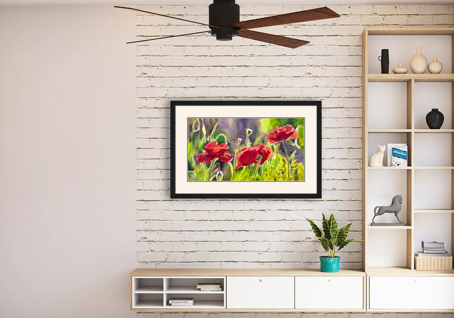 "Red Poppy Trio" - 16"x 27" an Original watercolor or Giclée signed print of red poppies glowing in the sun