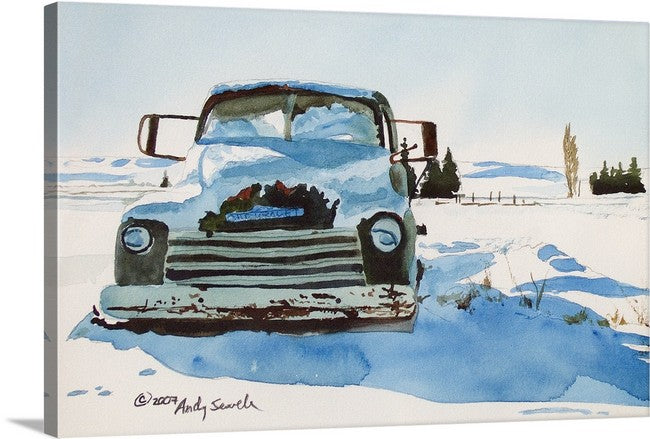 "Chevy in the Snow" Antique 5 Window Chevy Truck Art Print - a signed edition canvas or paper print ready to hang from my watercolor