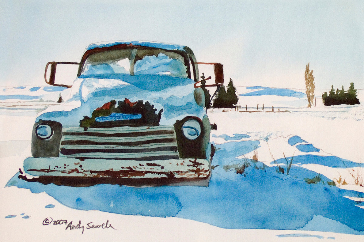 "Chevy in the Snow" Antique 5 Window Chevy Truck Art Print - a signed edition canvas or paper print ready to hang from my watercolor