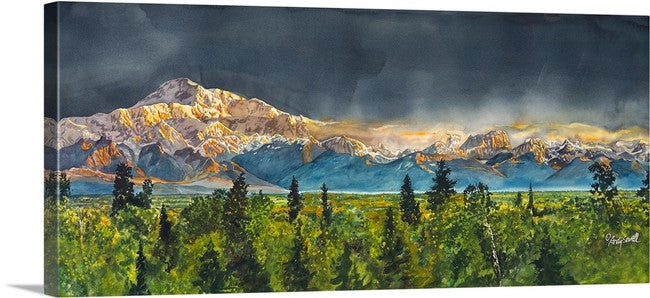 "Denali Glow" - Alaska art print, 19"x42" An open edition signed Giclée art print from a watercolor of Denali, Mt. Mckinley - by Andy Sewell