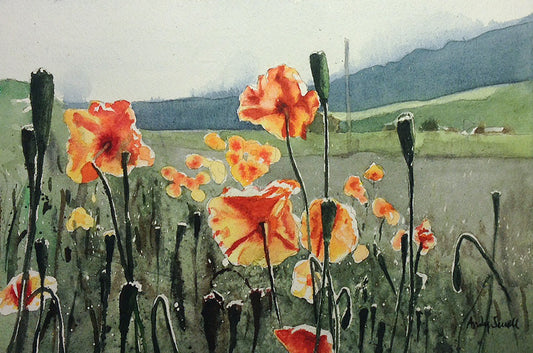 "Field of Poppies" Original 7x11 or framed 11x14 watercolor or giclee print