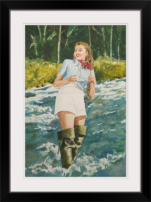 Fly fishing pinup - Vintage fly fishing art print from watercolor, fishing pinup wall art by Andy Sewell