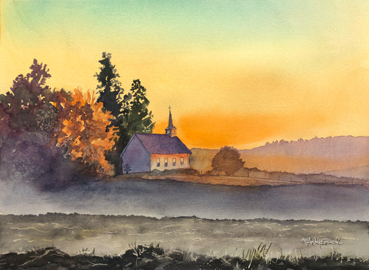 "Freeze Church Winter Sunset" 12x16 Original watercolor or signed edition Giclee Reprod. of a popular local church