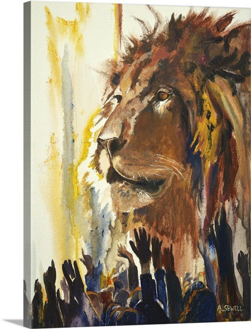 "Gathering unto the King" - King Jesus as the Lion being lifted up. Giclée prints available.