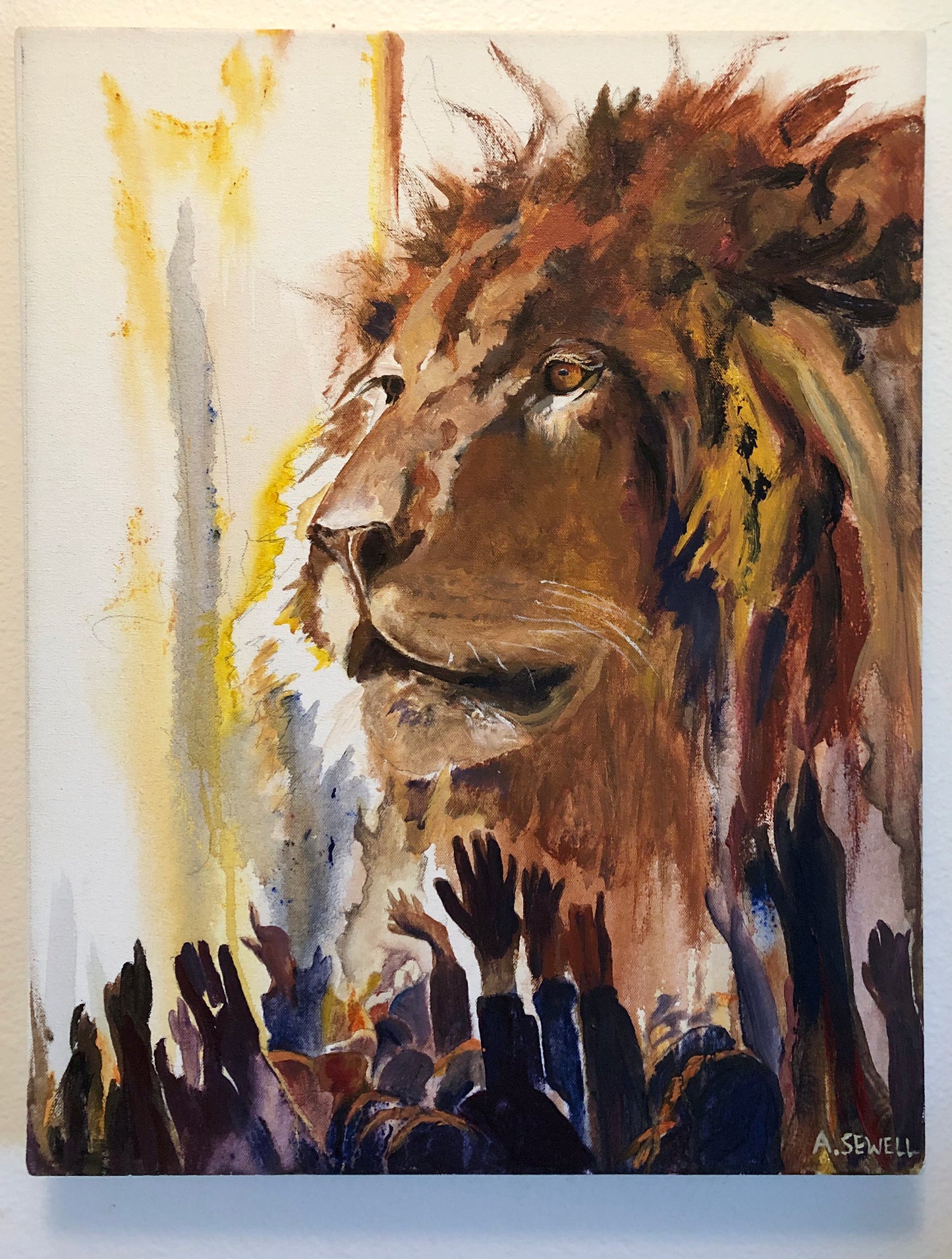 "Gathering unto the King" - King Jesus as the Lion being lifted up.  Giclée prints available.