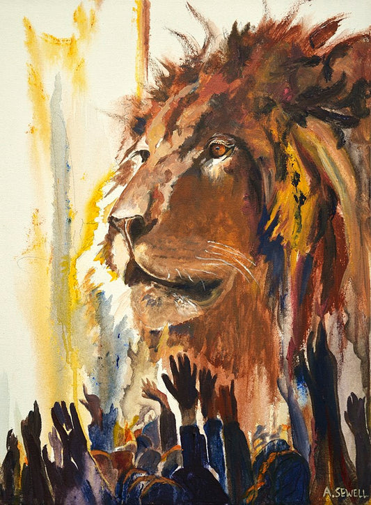 "Gathering unto the King" - King Jesus as the Lion being lifted up.  Giclée prints available.