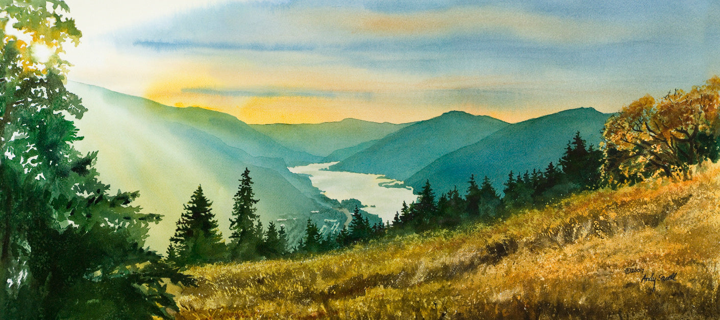 "Gorge Gold" watercolor prints available of view of Colombia River Gorge