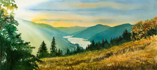 "Gorge Gold" watercolor prints available of view of Colombia River Gorge