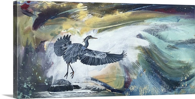 "Heron Take off" - 11"x22" canvas or paper Giclée art print from an oil painting