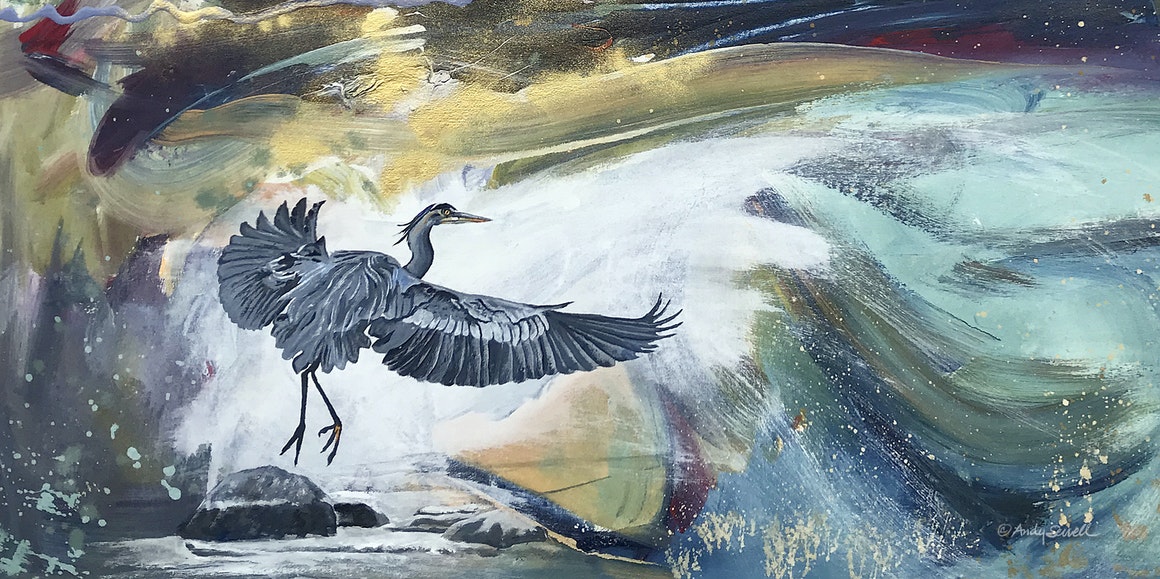 "Heron Take off" - 11"x22" canvas or paper Giclée art print from an oil painting
