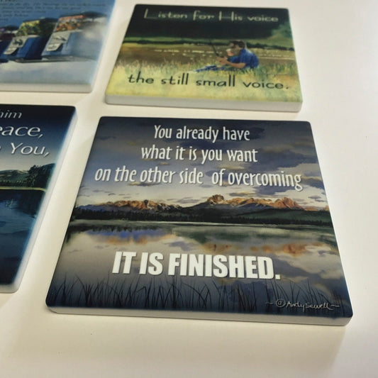 Spiritual theme coasters set of 4 - Sandstone feel, matte ceramic coaster set