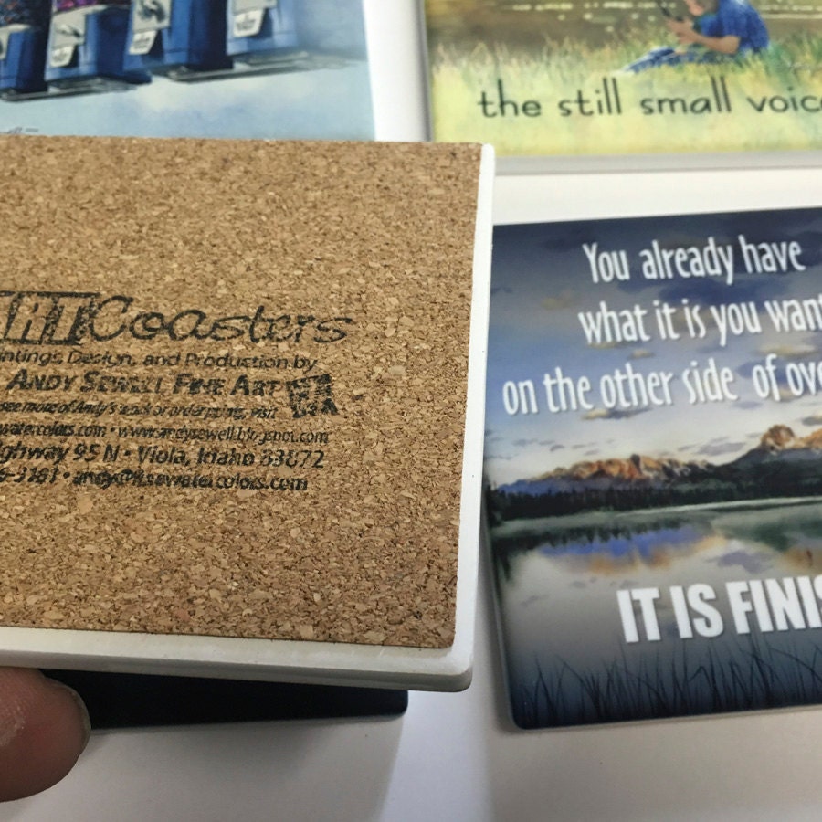 Spiritual theme coasters set of 4 - Sandstone feel, matte ceramic coaster set