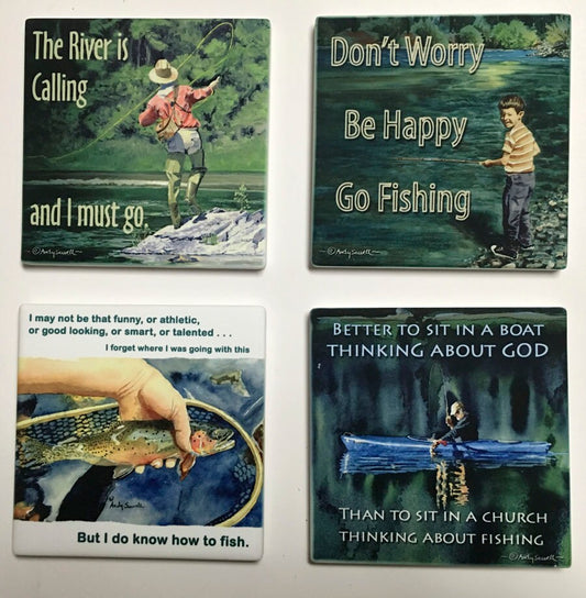 "Fishing theme w/words" coasters set of 4 - Sandstone feel, matte ceramic coaster set