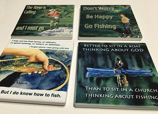 "Fishing theme w/words" coasters set of 4 - Sandstone feel, matte ceramic coaster set
