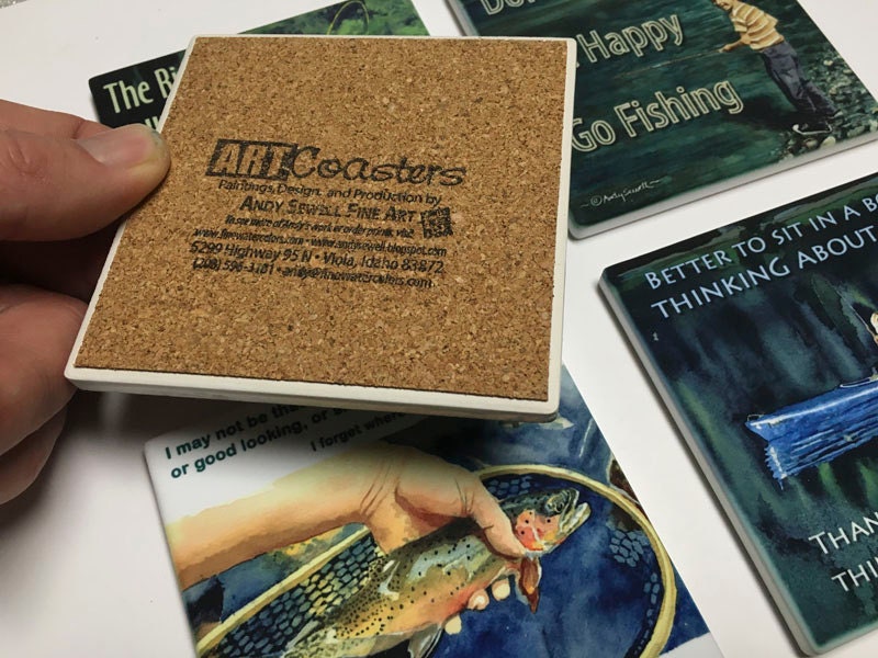 "Fishing theme w/words" coasters set of 4 - Sandstone feel, matte ceramic coaster set