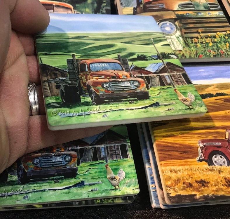 "Old Ford Trucks" themed coasters set of 4 - Sandstone feel, matte ceramic coaster set