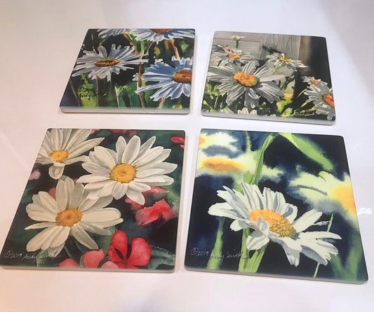 Daisy coasters set of 4 - Sandstone feel, matte ceramic coaster set