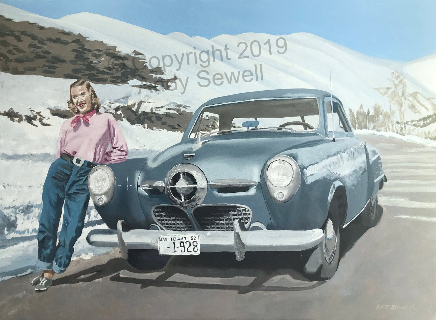 "Mary Jo & the Sun Valley Studebaker" - Open edition, Giclée of Original oil painting of my Mama with her sports car!