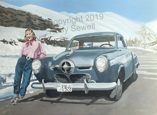 "Mary Jo & the Sun Valley Studebaker" - Open edition, Giclée of Original oil painting of my Mama with her sports car!