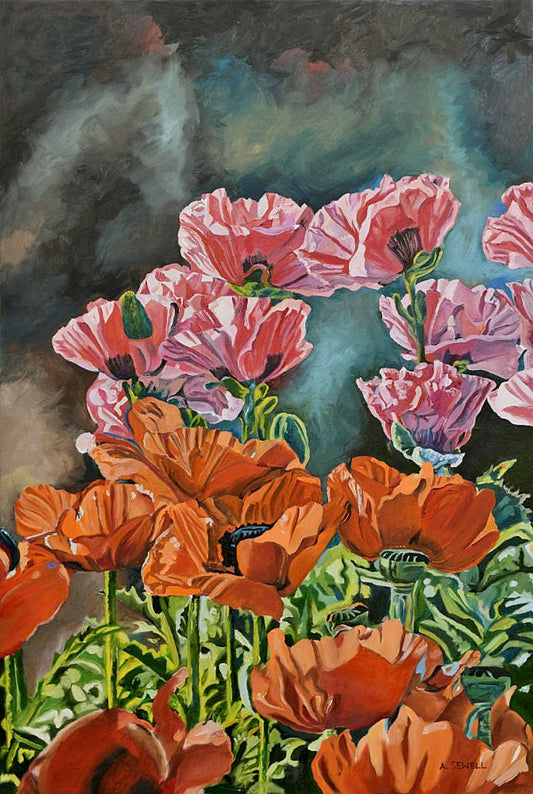 "Poppy Garden" - 24x36" Original oil painting or open edition, Giclée of salmon & orange poppies