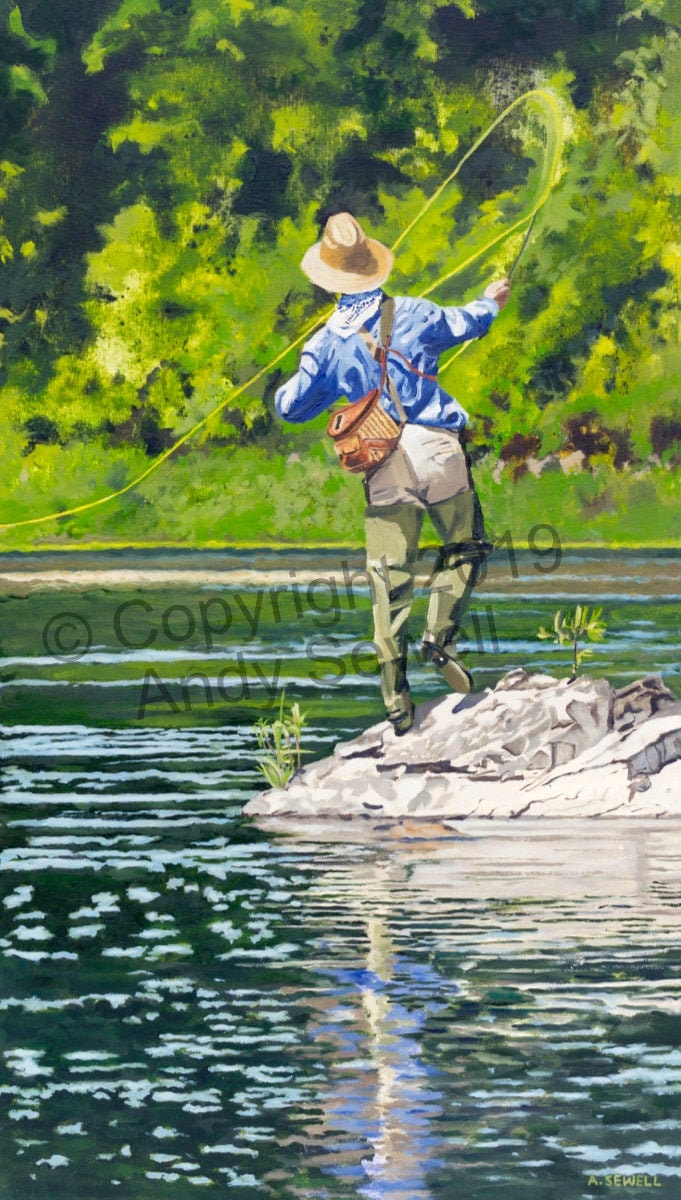 River Dance 2 Vintage flyfisherman, Giclée of oil painting of fly  fisherman in good form!