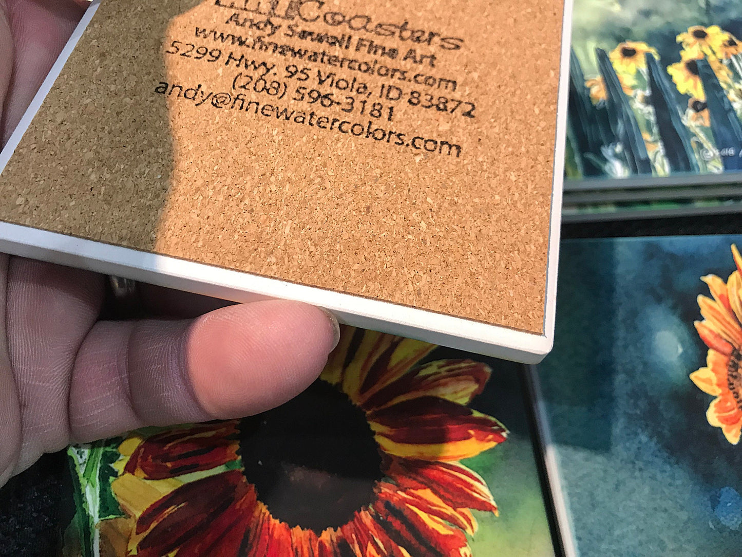 Sunflower art theme coasters set of 4 - Sandstone feel, matte ceramic coaster set
