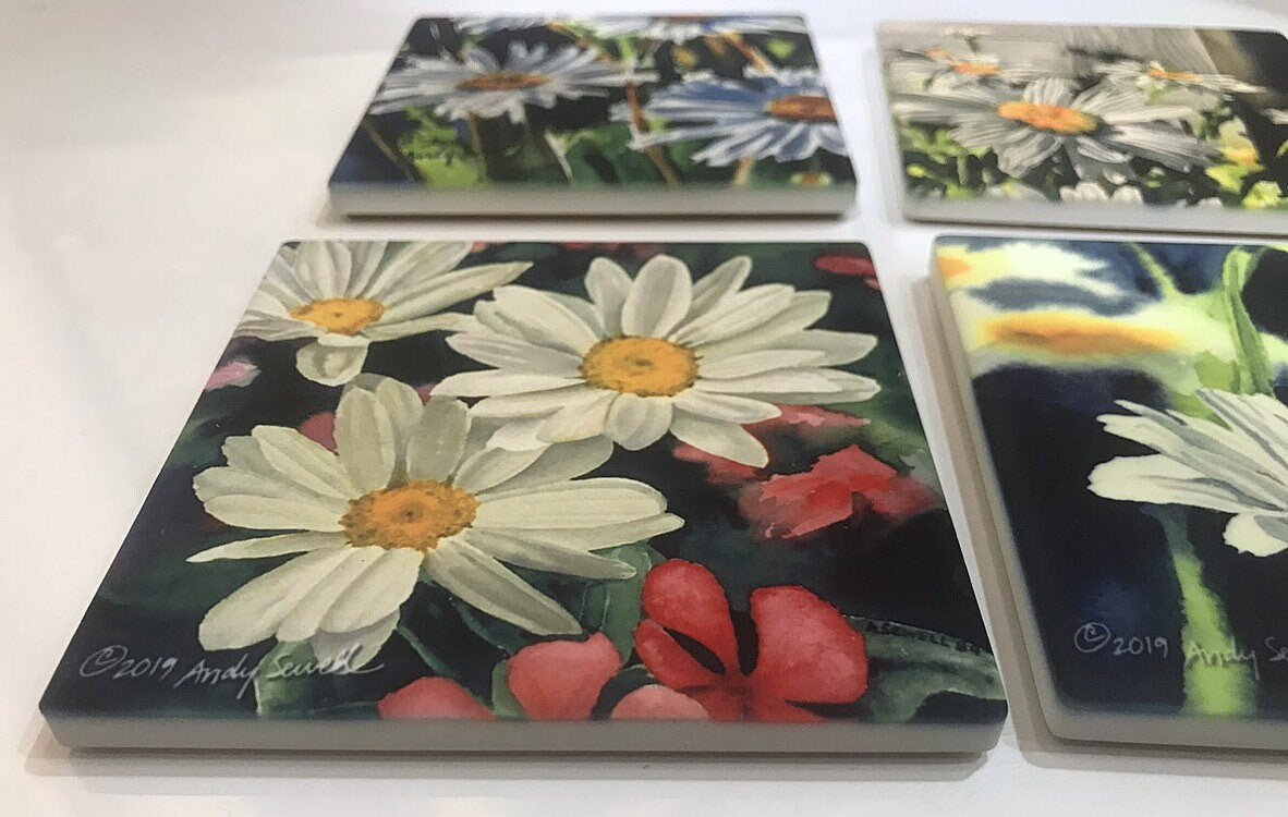 Daisy coasters set of 4 - Sandstone feel, matte ceramic coaster set