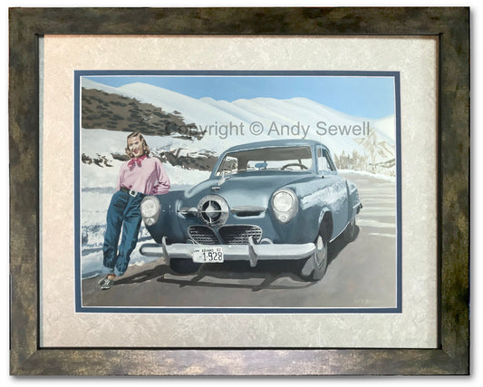 "Mary Jo & the Sun Valley Studebaker" - Open edition, Giclée of Original oil painting of my Mama with her sports car!