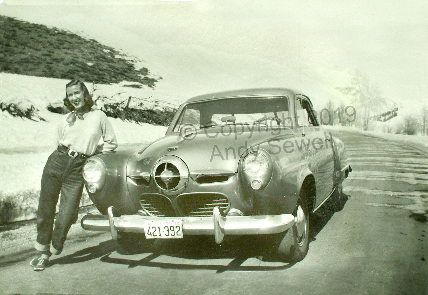 "Mary Jo & the Methow Valley Studebaker" - Open edition, Giclée of Original oil painting of my Mama with her sports car!