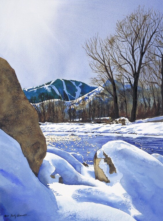 "Valley Winter Sun" - Ltd. edition Giclee reprod. from watercolor of Sun Valley's Bald Mtn.