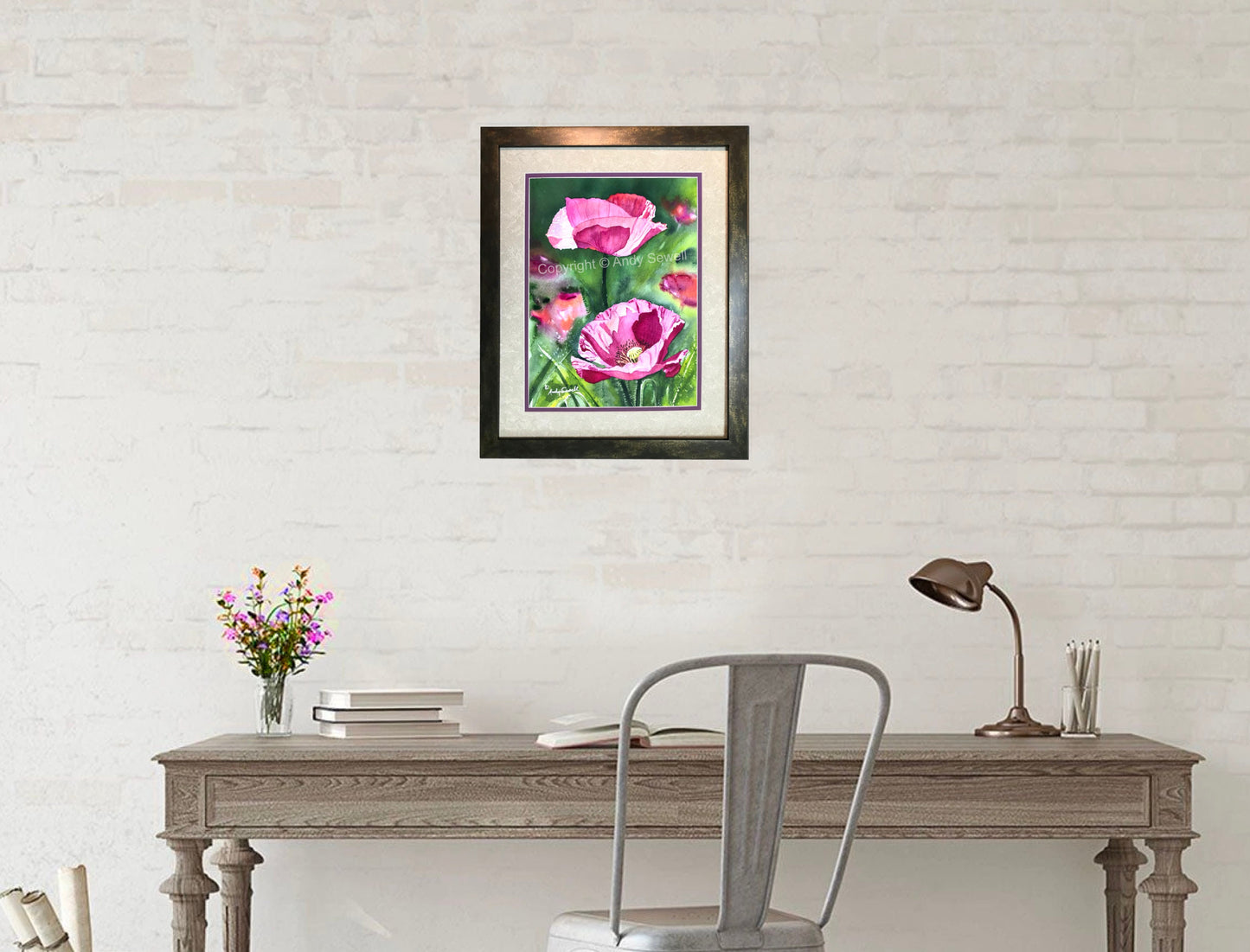 a "Pink Poppy duo" Art Print - an original or giclee art print from an original watercolor of poppies glowing in the sun - by Andy Sewell